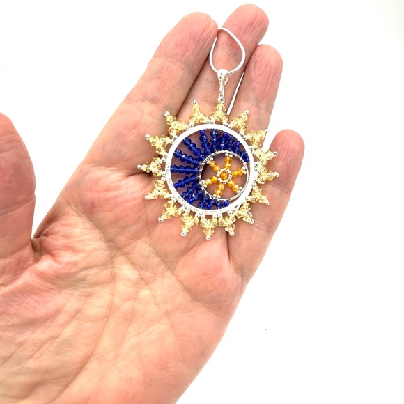 Hand Crafted Crystal Sun and Moon Pendant Necklace Yellow and Blue - Picture 7 of 7